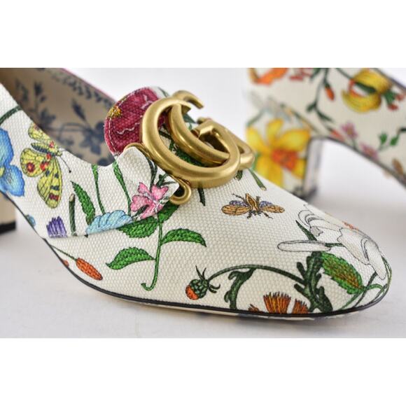 Gucci Victoire 55 White Canvas Floral Logo Block Mid Heel Mule Loafer Pump 35.5 - Picture 4 of 10